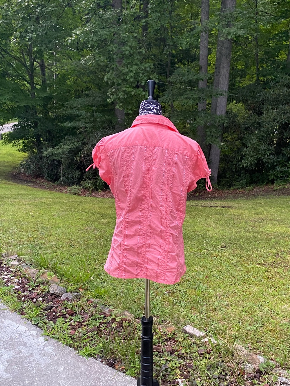Studio 1940 Coral Pink Ribbon Trim Short-Sleeve Button Up Shirt Size Large - Picture 4 of 16